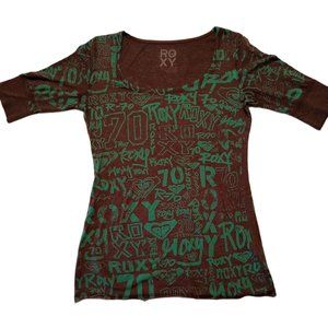 ROXY Teal/Gray Scoop Neck 3/4 Sleeve Logo Top MEDIUM